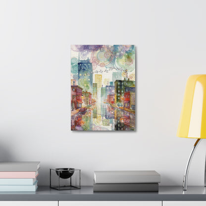 Cityscape Watercolor Stretched Canvas Wall Art — Dreamy Urban Skyline
